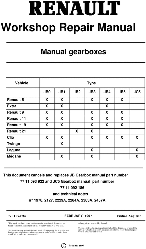 Product picture Renault Manual Gearbox Workshop Service & Repair Manual JB0 JB1 JB2 JB3 JB4 JB5 JC5